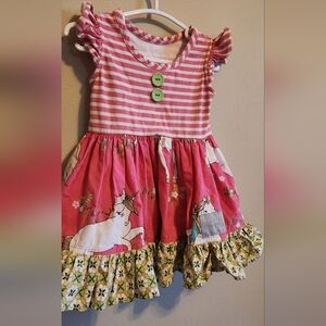 Pink Unicorn Dress with Green Buttons